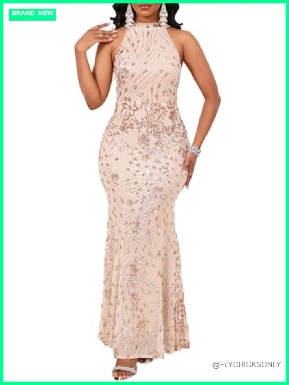 Sequined Halter Neck Mermaid Maxi Dress Sleeveless Bodycon Evening Prom Cocktail